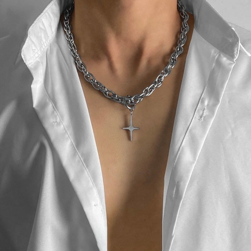 Titanium Steel Cross Star Pendant Necklace for Men Women,Punk Hip Hop Necklace