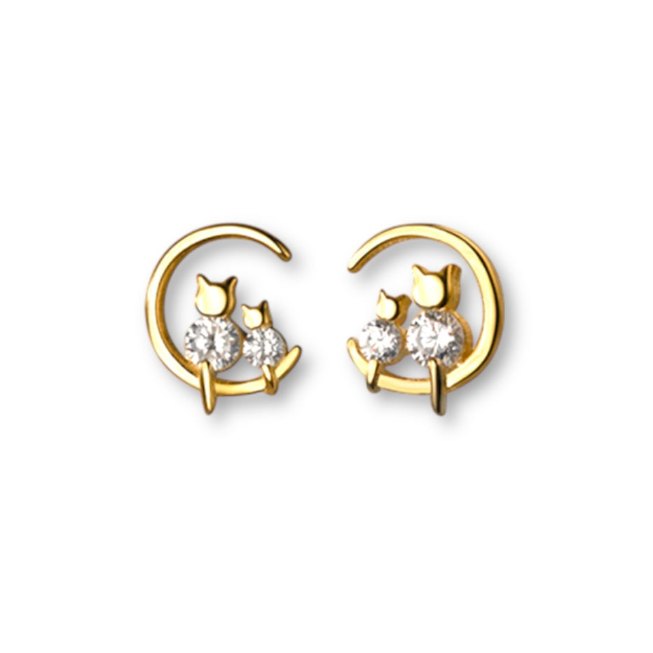 Small CZ Moon Cat Stud Earrings for Women