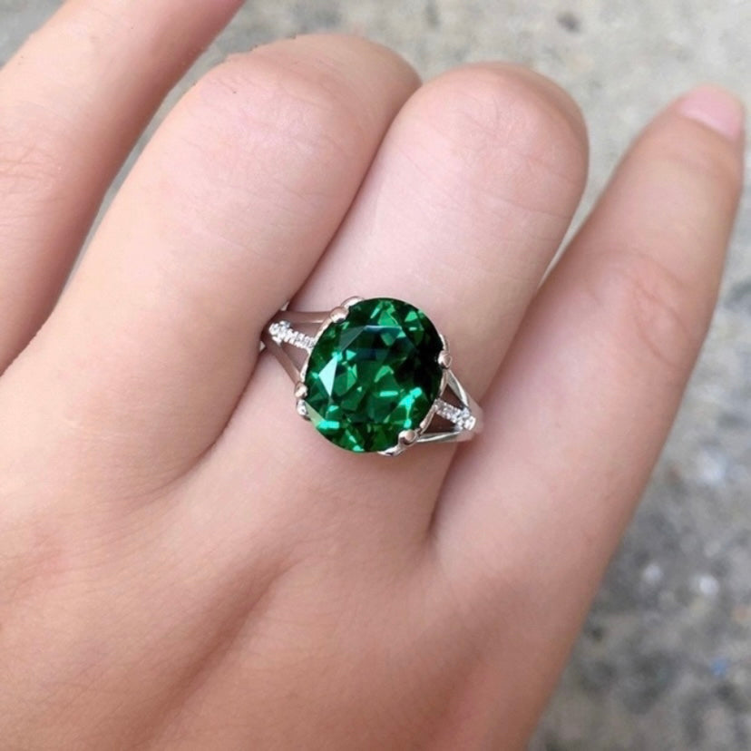 18K White Gold Plated Adjustable Birthstone Green Crystal Emerald Ring for Women