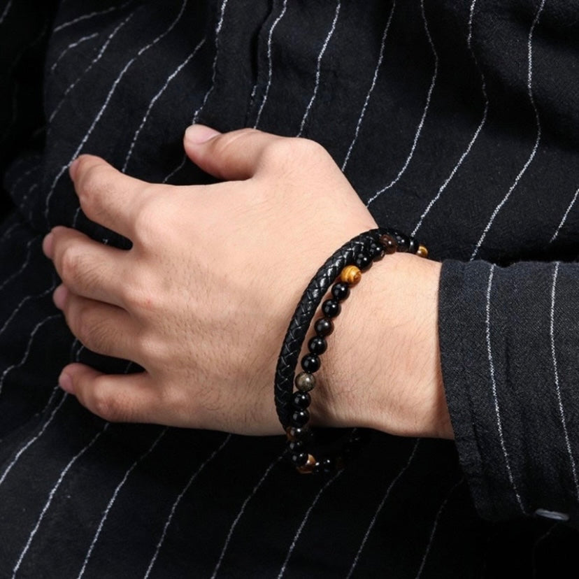 Double Layer Braided Leather Tiger Eye Stone Bracelet for Men