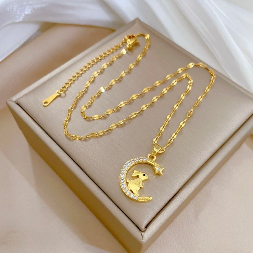 18K Gold Plated Moon Bunny Pendant Necklace for Women,Cute Rabbit Necklace