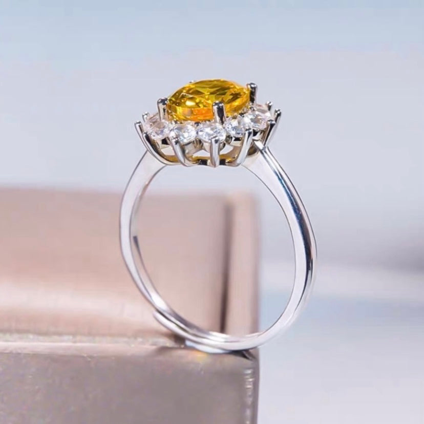 18K White Gold Plated Adjustable Yellow Crystal Sunflower Ring for Women