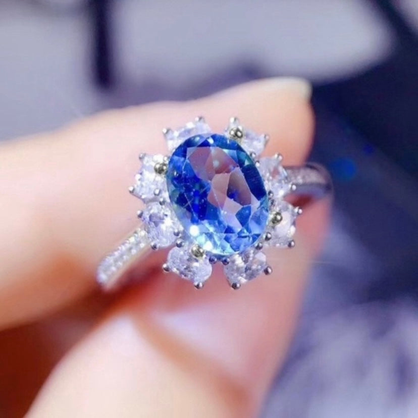 18K White Gold Plated Adjustable Birthstone Aquamarine Sapphire Ring for Women