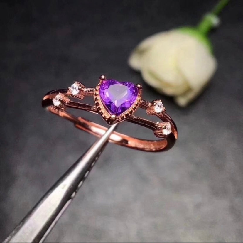 14K Rose Gold Plated Adjustable Birthstone Crystal Love Heart Amethyst Ring