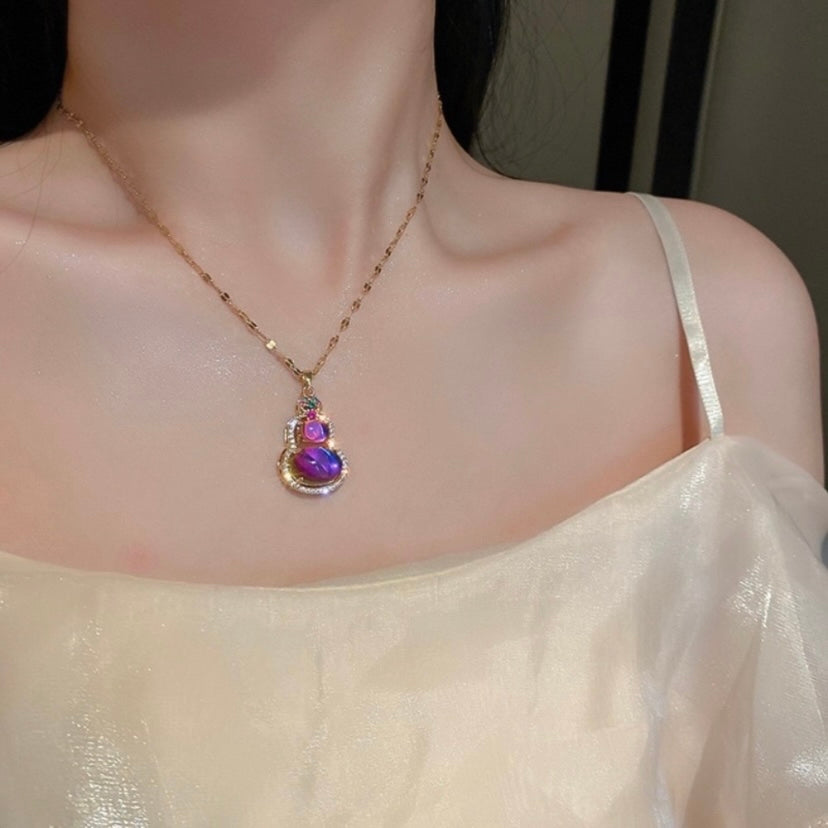 18K Gold Plated Purple Mix Green Crystal Gourd Pendant Necklace for Women
