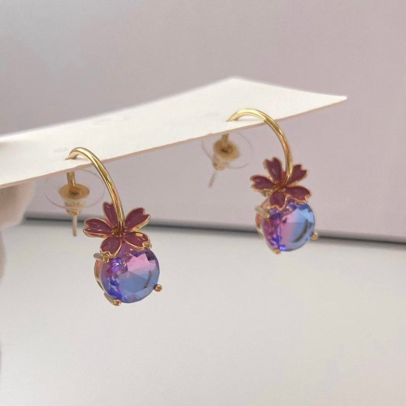 Women's Purple Crystal Flower Dangle Drop Earrings