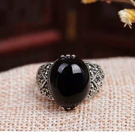 925 Silver Plated Adjustable Black Agate Ring for Women