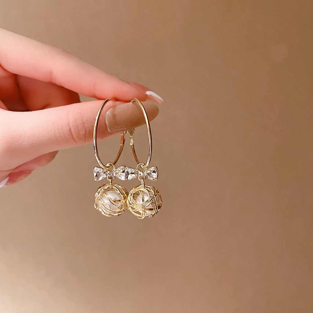 Women's Crystal Bow White Pearl Dangle Drop Earrings