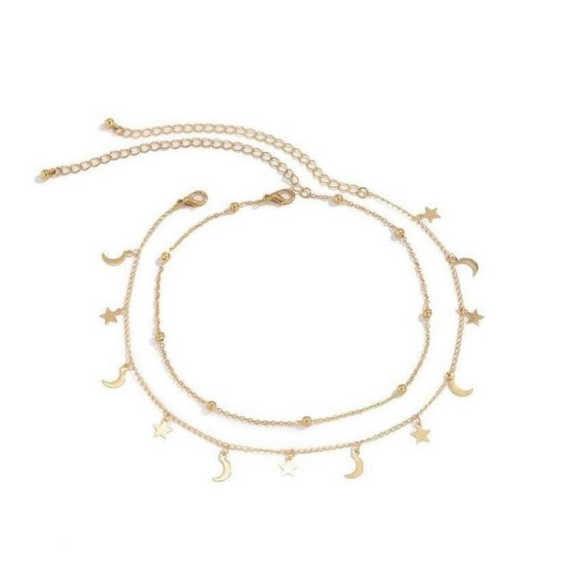 18K Gold Plated Moon Star Charm Necklace Layering Chain Choker for Women