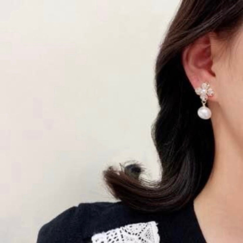 Crystal Flower Pearl Drop Dangle Earrings for Women