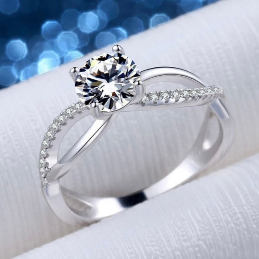 18K White Gold Plated Adjustable 1 CT CZ Diamond Wedding Ring for Women