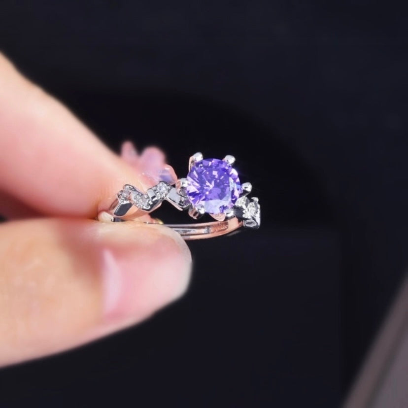 18K White Gold Plated Adjustable Birthstone Purple Crystal Amethyst Ring