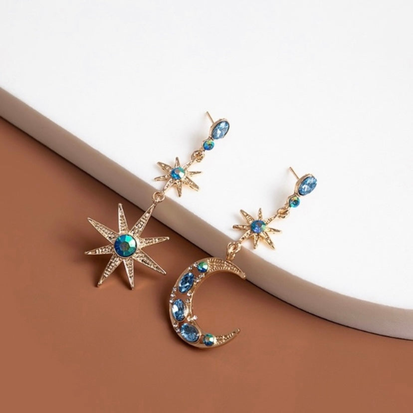 Asymmetrical Blue Crystal Star Moon Dangle Drop Earrings for Women