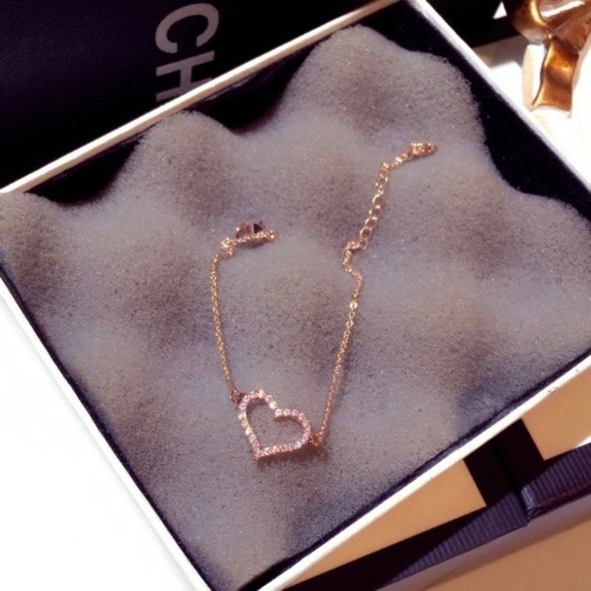 14K Rose Gold Plated Love Heart Charm Bracelet for Women