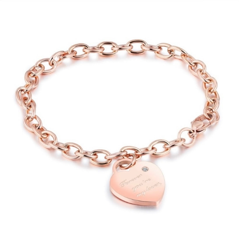 14K Rose Gold Plated Love Heart Charm Bracelet for Women