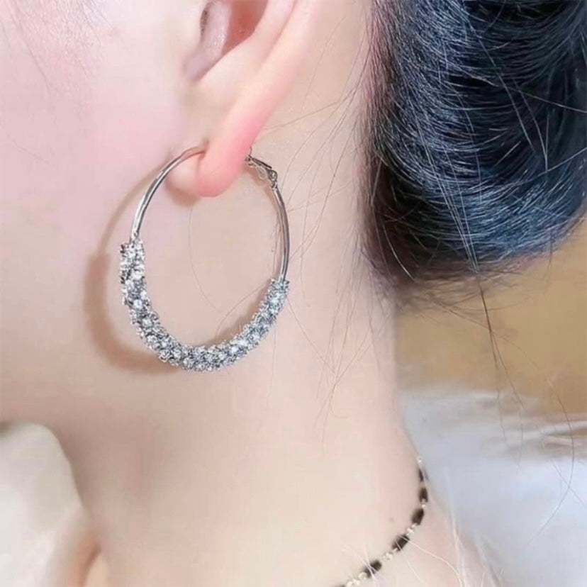 925 Silver Plated Twisted Rhinestones Silver Hoop Earrings for Women