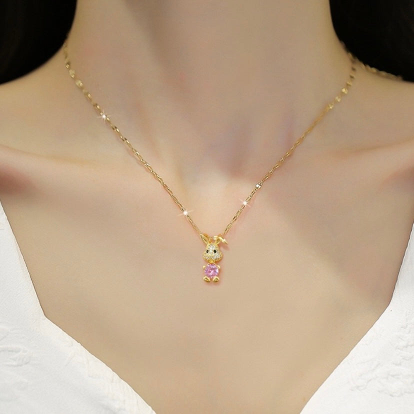 18K Gold Plated Bunny Pendant Necklace for Women,Pink Crystal Rabbit Necklace
