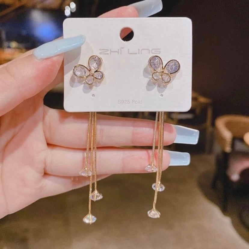 Women's Crystal Butterfly Long Tassel Dangle Drop Earrings