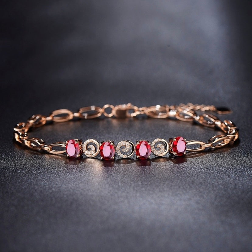 14K Rose Gold Plated Artificial Rubellite Gemstone Charm Bracelet for Women