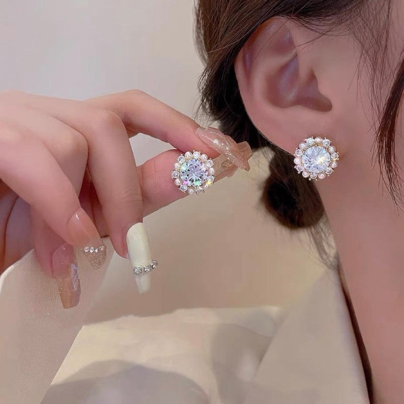 Crystal Pearl Stud Earrings for Women