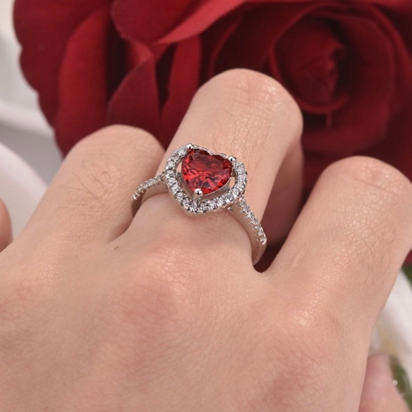 18K White Gold Plated Adjustable Birthstone Crystal Love Heart Ruby Ring