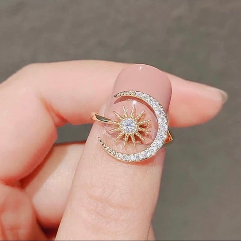 18K Gold Plated Adjustable Crystal Sun Moon Ring for Women