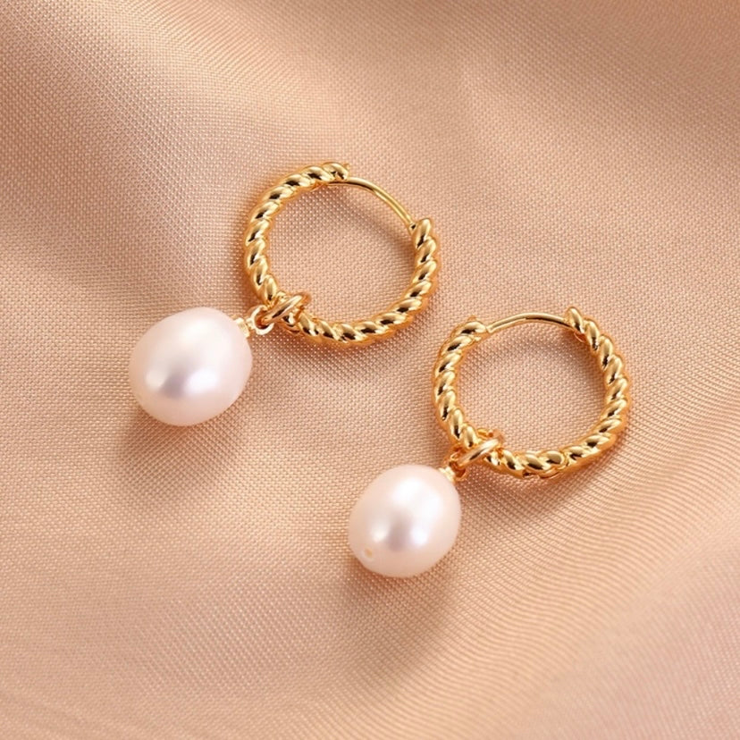 18K Gold Plated White Pearl Dangle Drop Earrings for Women