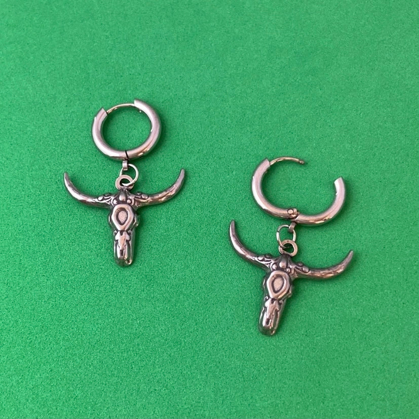 925 Silver Plated Bull Skull Dangle Drop Earrings for Men Women