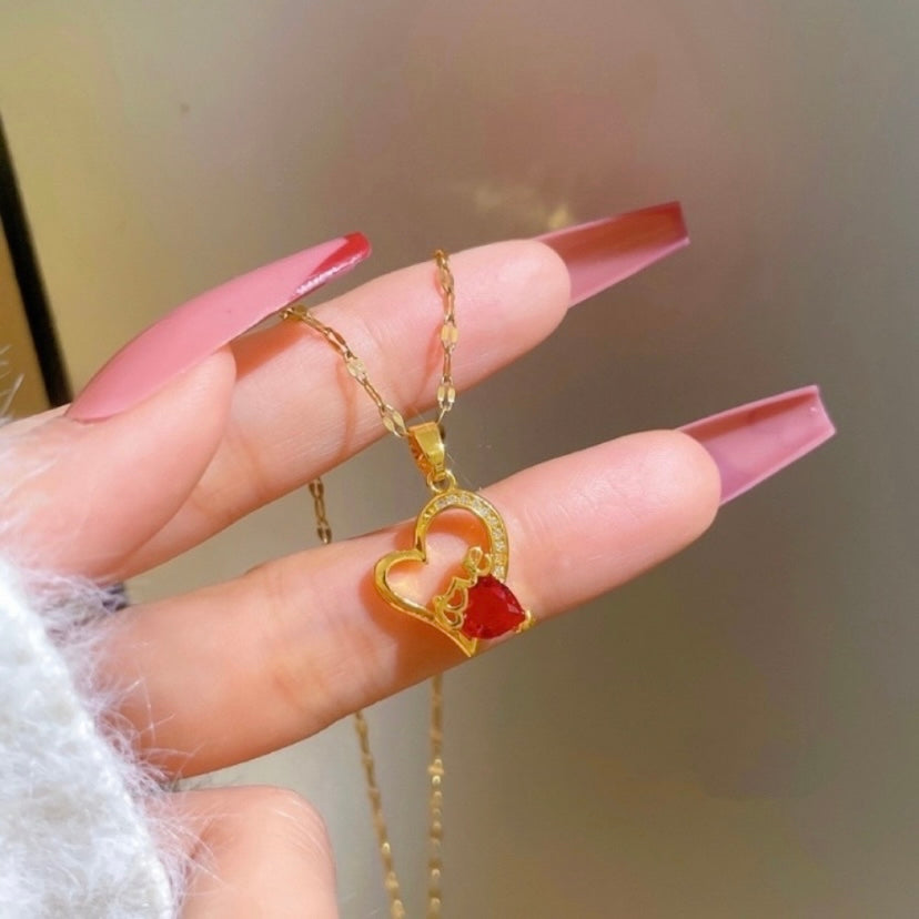 18K Gold Plated Birthstone Crystal Love Heart Ruby Pendant Necklace for Women
