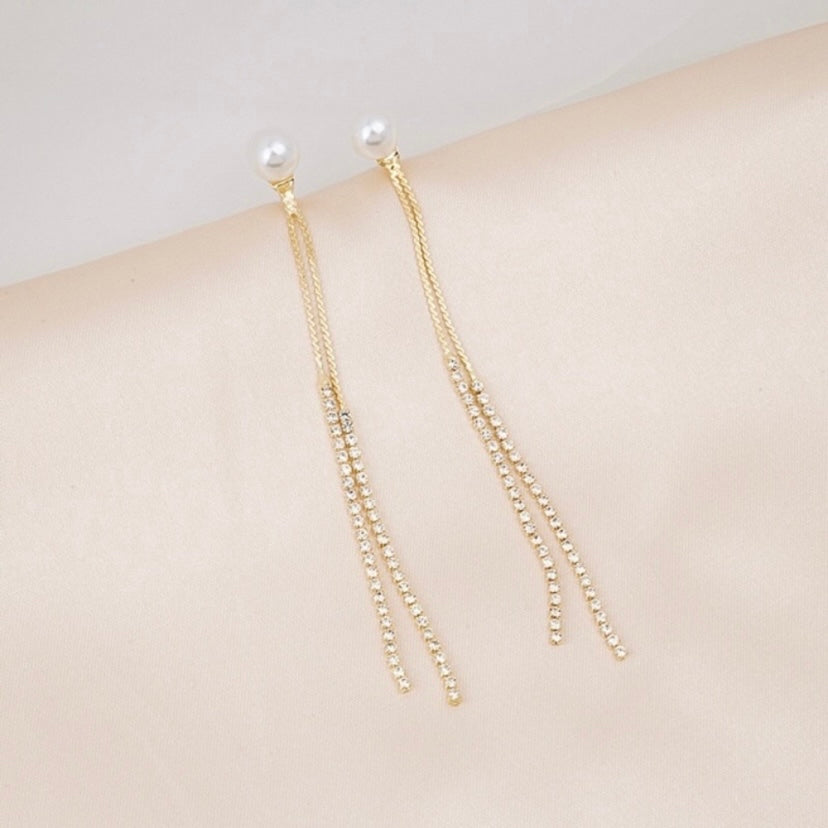 Pearl CZ Cubic Zirconia Dangle Drop Tassel Earrings for Women