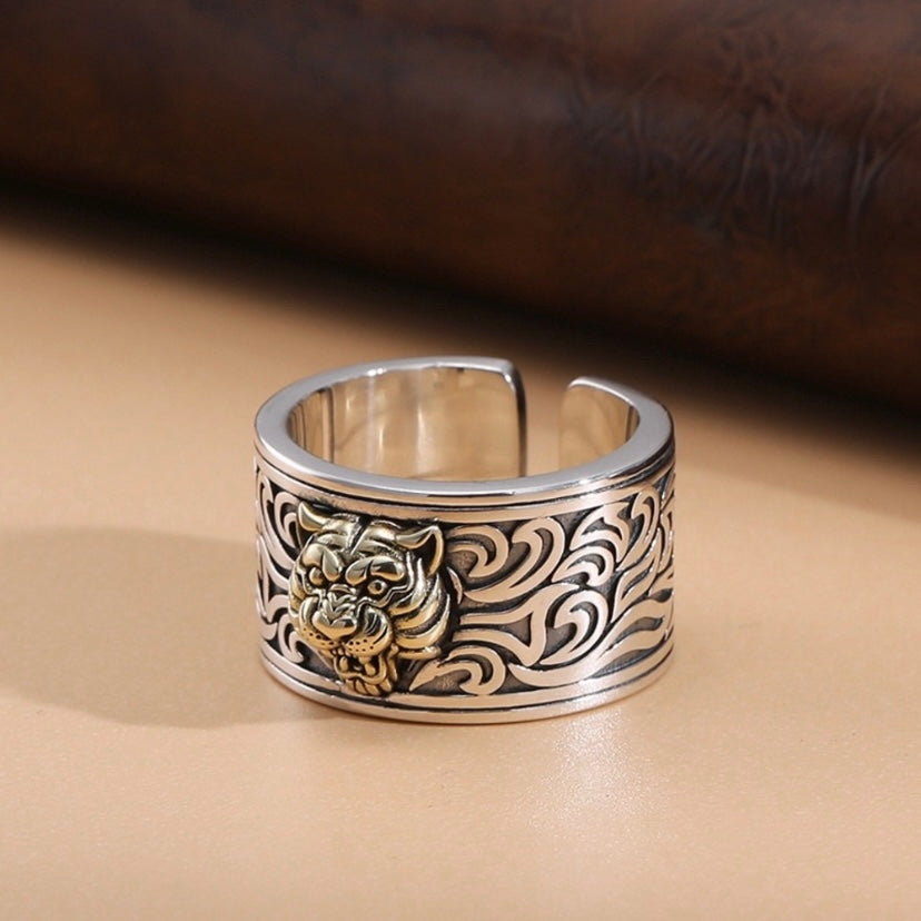 925 Silver Plated Adjustable Tiger Head Ring for Men Women,Punk Hip Hop Ring