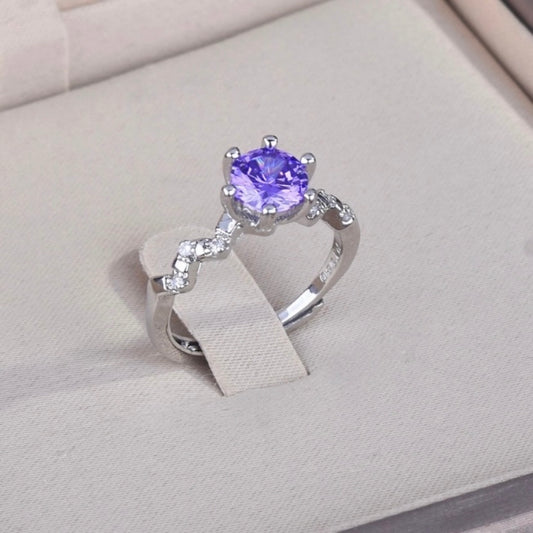 18K White Gold Plated Adjustable Birthstone Purple Crystal Amethyst Ring