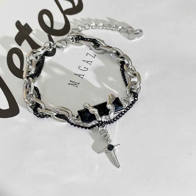 Titanium Steel Layered Cross Charm Bracelet for Men Women,Punk Hip Hop Bracelet