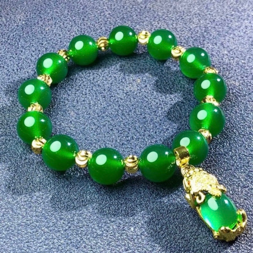 Women's Crystal Beads Green Agate Lucky Charm Stretch Bracelet