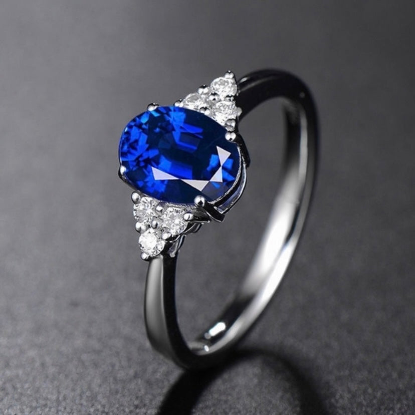 925 Silver Plated Adjustable Blue Crystal Sapphire Ring for Women