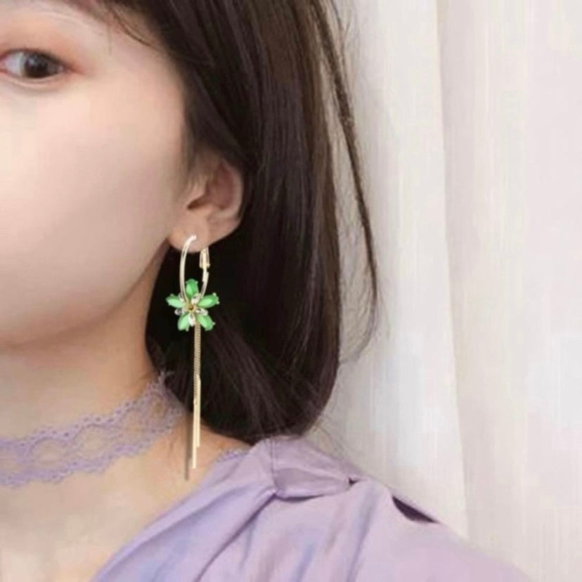 Green Crystal Flower Dangle Drop Earrings for Women