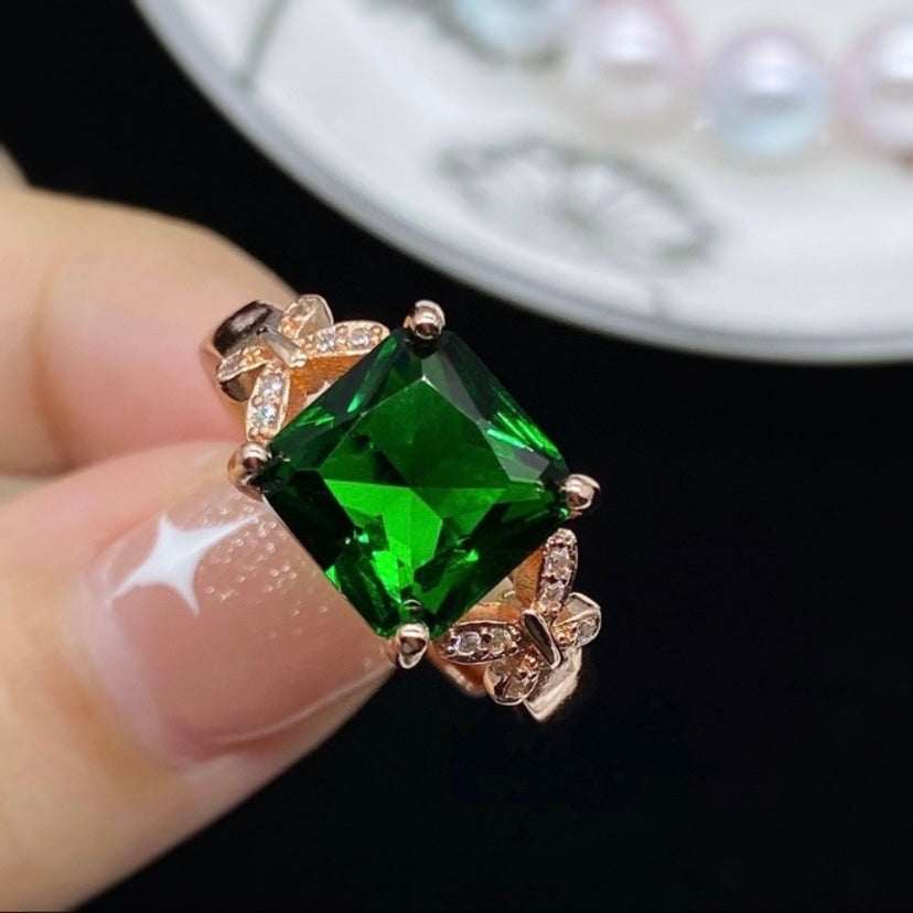 14K Rose Gold Plated Adjustable Butterfly Green Crystal Emerald Ring for Women