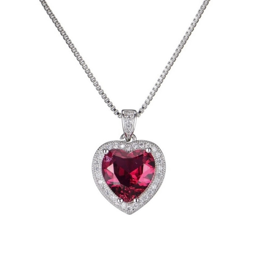 18K White Gold Plated Ruby Heart Pendant Necklace for Women