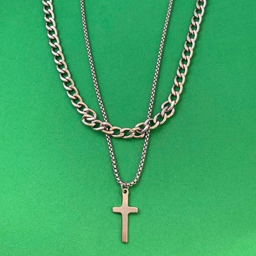 Titanium Steel Layered Cross Pendant Necklace for Men Women
