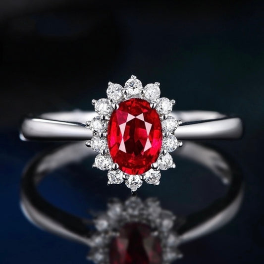 925 Silver Plated Adjustable Red Crystal Sunflower Ruby Ring for Women