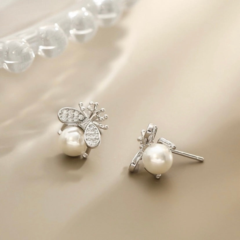 Cute Mini Bee Pearl Stud Earrings for Women