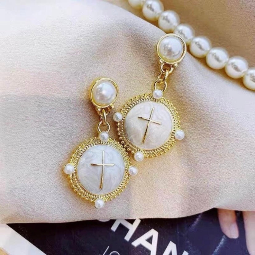 Pearl Cross Drop Dangle Earrings for Women
