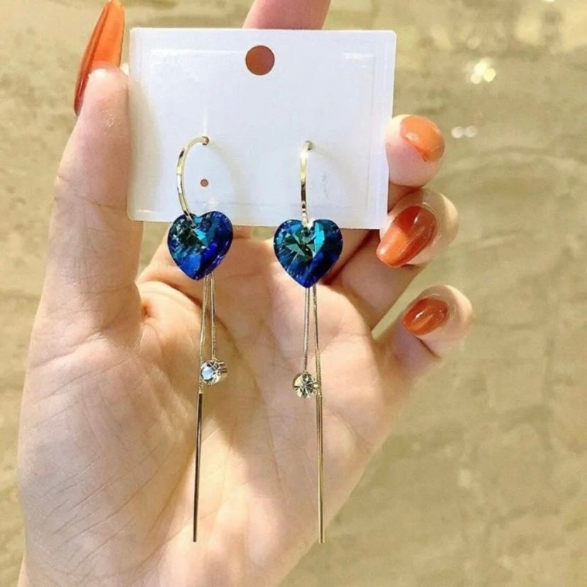 Women's Blue Crystal Love Heart Long Tassel Dangle Drop Earrings
