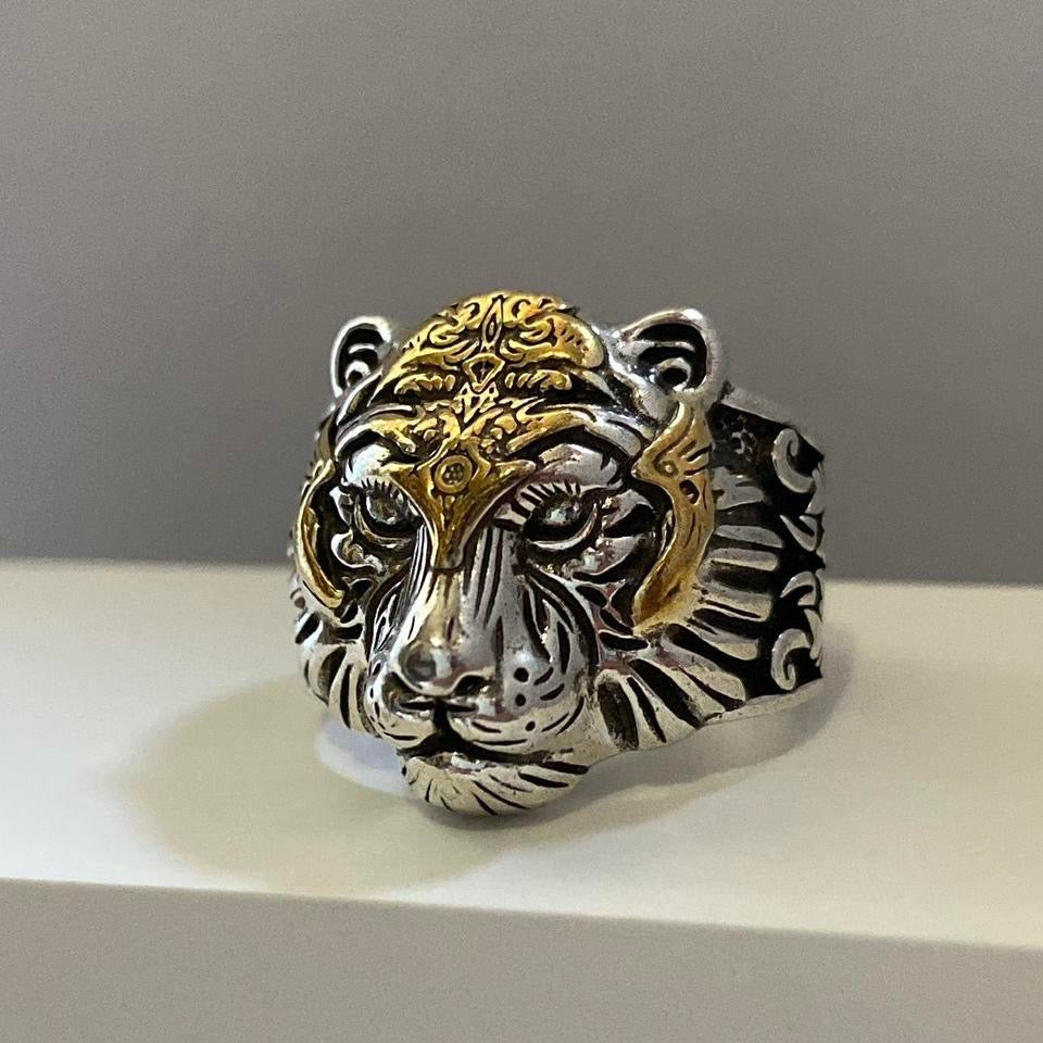 925 Silver Plated Adjustable Tiger Head Ring for Men,Animal Ring,Punk Hip Hop Ring