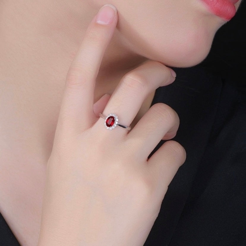 925 Silver Plated Adjustable Red Crystal Sunflower Ruby Ring for Women