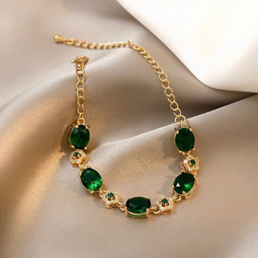 18K Gold Plated Green Crystal Emerald Charm Bracelet for Women