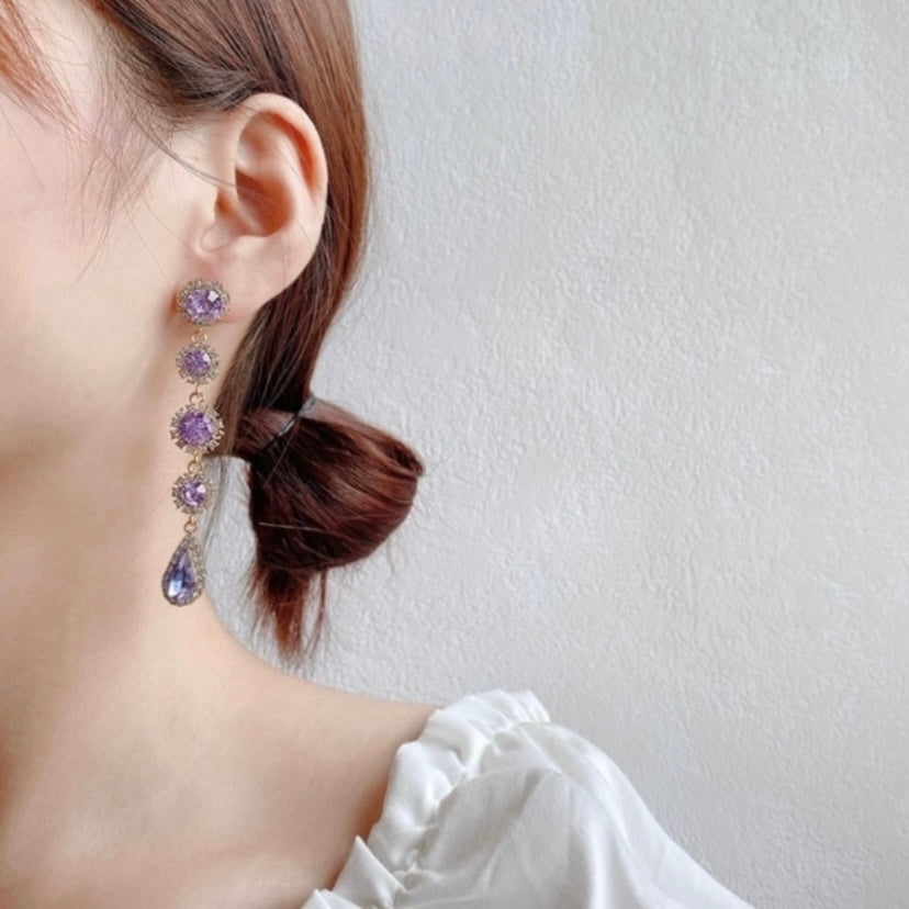 Women's Purple Crystal Teardrop Long Dangle Drop Earrings