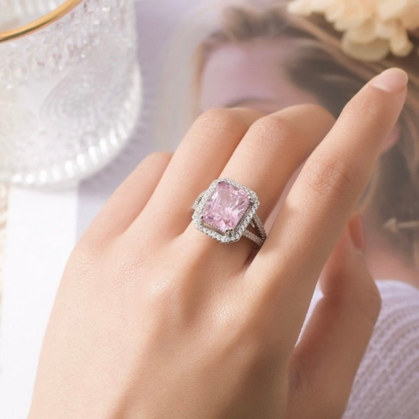 18K White Gold Plated Adjustable Birthstone Gemstone Pink Crystal Ring for Women