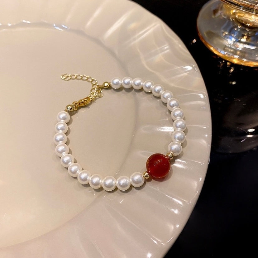 White Pearl Bracelet for Women,Adjustable Red Agate Charm Bracelet for Girls