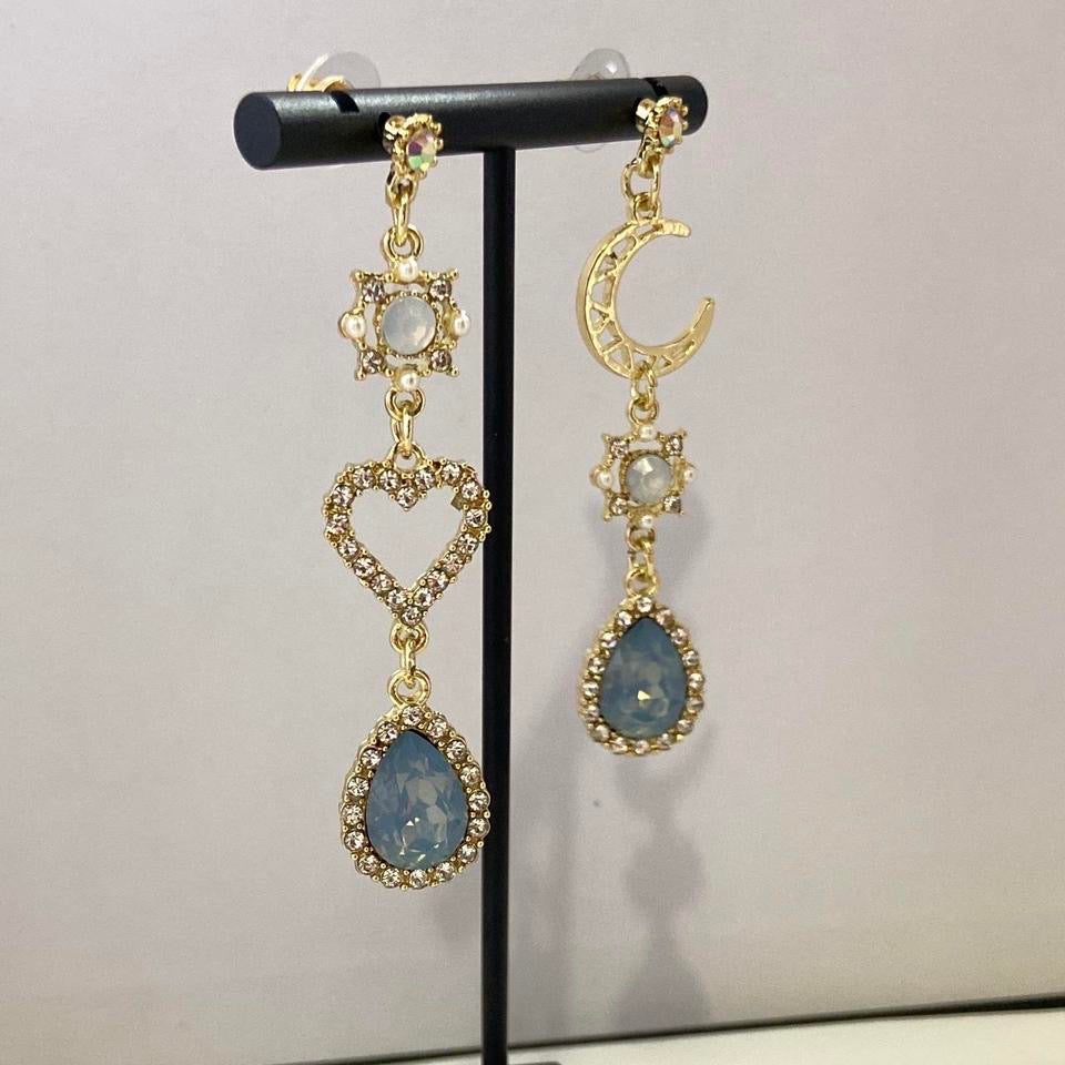 Blue Crystal Heart Moon Dangle Drop Earrings for Women